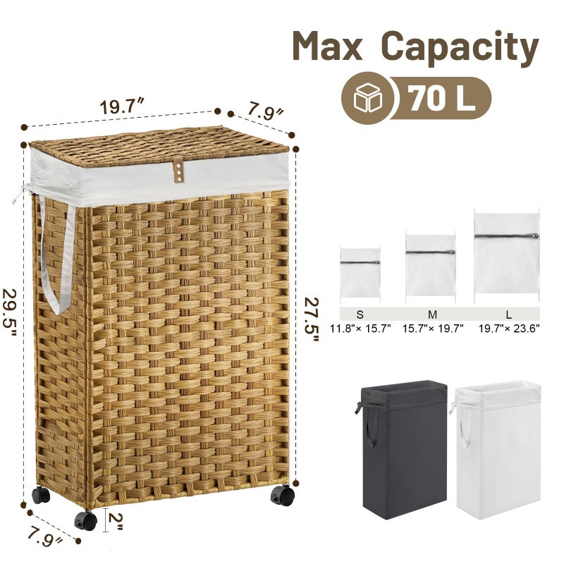 Hiagnete 70L Slim Laundry Hamper with Lid & Wheels, 2-Park Rolling Laundry Basket with 4 Removable Liner Bags & 3 Mesh Bags, Narrow Dirty Clothes Basket, Foldable Handwoven Rattan Laundry Sorter, Natural - Image 4