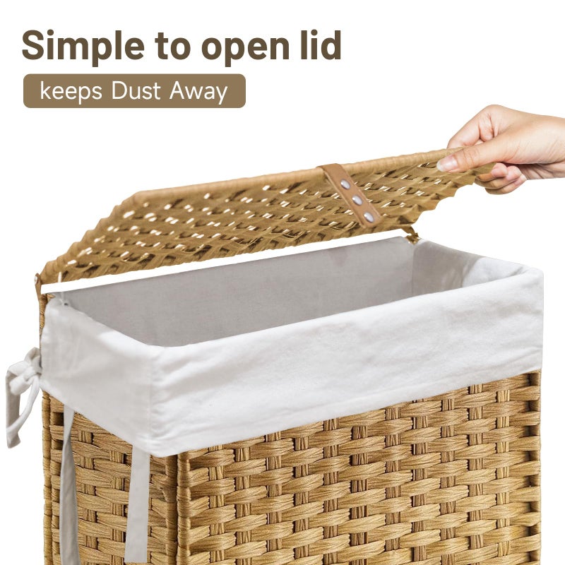 Hiagnete 70L Slim Laundry Hamper with Lid & Wheels, 2-Park Rolling Laundry Basket with 4 Removable Liner Bags & 3 Mesh Bags, Narrow Dirty Clothes Basket, Foldable Handwoven Rattan Laundry Sorter, Natural - Image 5