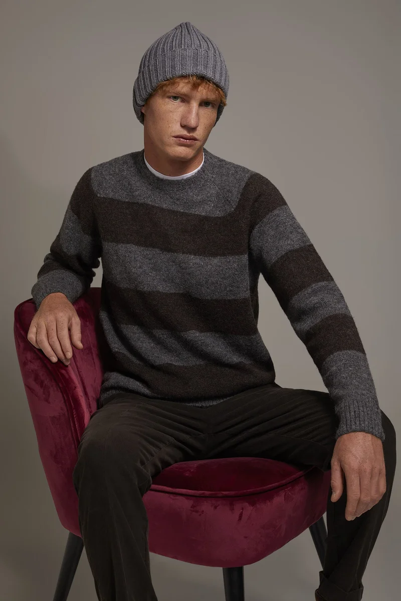 Mohair wool blend round neck sweater - Grey/Brown