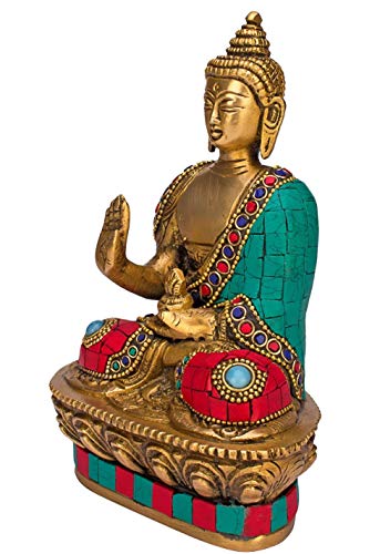 ARTVARKO Buddha Statue Blessing Brass with Multicolor Stone Handwork Home Décor Entrance Office Table Living Room Meditation Luck Gift Feng Shui Height 7 Inch Standard Multicolour - Image 3