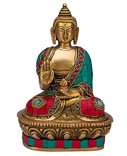 ARTVARKO Buddha Statue Blessing Brass with Multicolor Stone Handwork Home Décor Entrance Office Table Living Room Meditation Luck Gift Feng Shui Height 7 Inch Standard Multicolour - Image 5