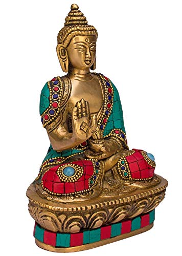 ARTVARKO Buddha Statue Blessing Brass with Multicolor Stone Handwork Home Décor Entrance Office Table Living Room Meditation Luck Gift Feng Shui Height 7 Inch Standard Multicolour - Image 2