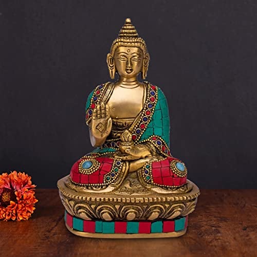 ARTVARKO Buddha Statue Blessing Brass with Multicolor Stone Handwork Home Décor Entrance Office Table Living Room Meditation Luck Gift Feng Shui Height 7 Inch Standard Multicolour - Image 1