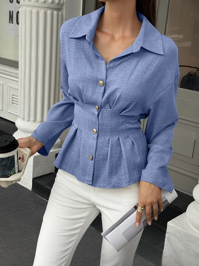 Outzidr  Blue Full Sleeves Front Pleated Shirt for Women | Best Price UAE