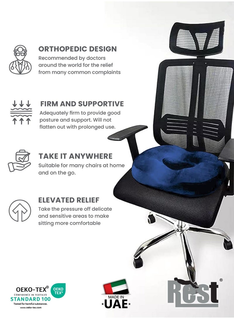 Rest Ergonomic Memory Foam Donut Pillow for Tailbone & Hemorrhoid Pain Relief – 35x42cm, Blue - Image 2