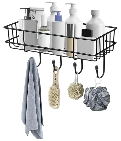 SPARSHMART Sima Bathroom Rack - Bathroom Shelves - Kitchen Storage - Self Adhesive Bathroom Shelf and Shampoo Holder with 4 Hook Adhesive Shower Caddy Metal Shelf  - Image 1