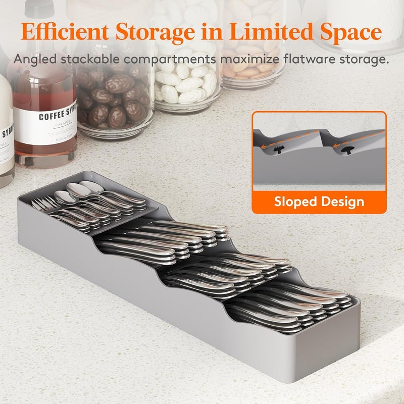 Lifewit Small Flatware Drawer Organizer, Compact Narrow Silverware Tray for Kitchen Drawers, Plastic Cutlery Holder for Spoons, Forks, Knives – Fits Small & Slim Kitchen Drawers, Gray - Image 5