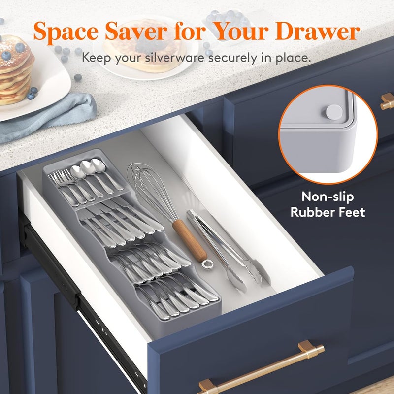 Lifewit Small Flatware Drawer Organizer, Compact Narrow Silverware Tray for Kitchen Drawers, Plastic Cutlery Holder for Spoons, Forks, Knives – Fits Small & Slim Kitchen Drawers, Gray - Image 2
