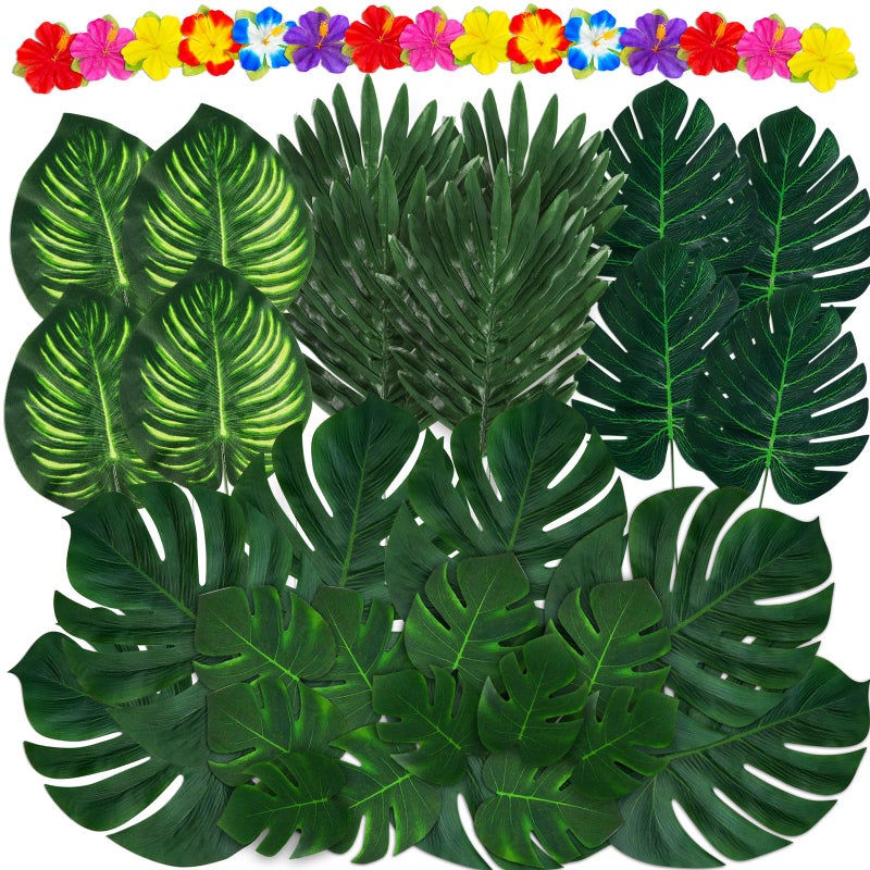 Moon Boat 120PCS Tropical Palm Leaves Plants Hibiscus Artificial105Pcs 7 Kinds Green Fake Leaf15pcs Flowers HawaiianLuauSafari Jungle Party Table Decorations