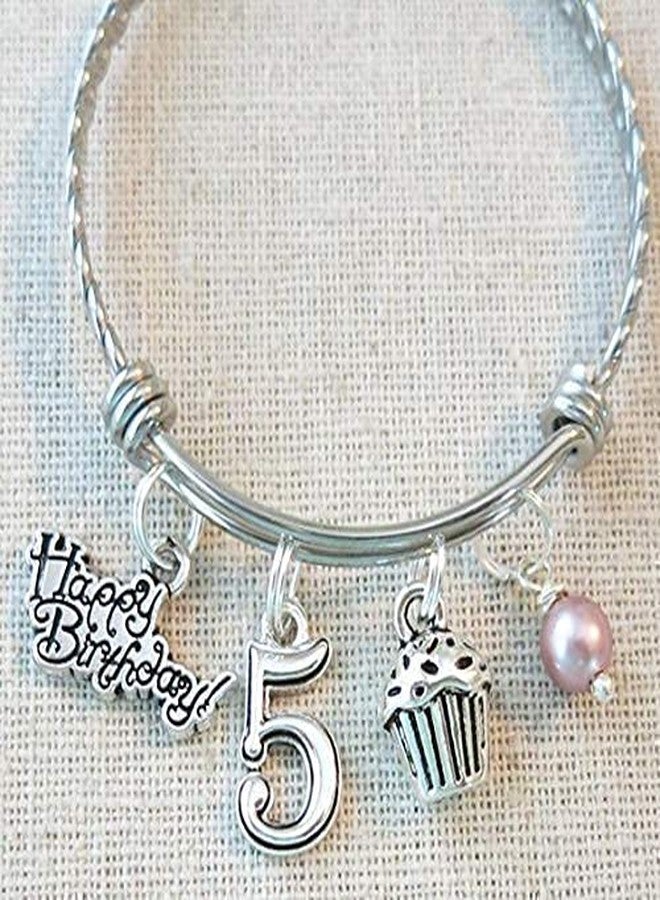 SCRAPHEART 5th BIRTHDAY BRACELET, 5th Birthday Charm Bracelet, 5 Year Old Daughter Birthday Gift Idea, Fifth Birthday Gift, 5 Year Old Birthday Bangle - Image 2