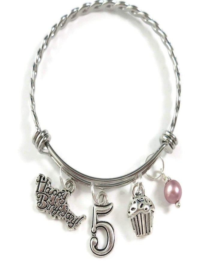 SCRAPHEART 5th BIRTHDAY BRACELET, 5th Birthday Charm Bracelet, 5 Year Old Daughter Birthday Gift Idea, Fifth Birthday Gift, 5 Year Old Birthday Bangle - Image 1