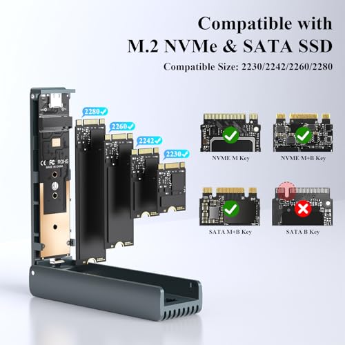 Xiaobi NVMe Enclosure with Cooling Fan, Tool-Free Installation,Full Aluminum Alloy, Sandwich Style Design, USB 3.2 Gen 2 PCIe Adapter for M & M+B Key NVMe/SATA M.2 SSD Case for 2230/2242/2260/2280 - Image 4