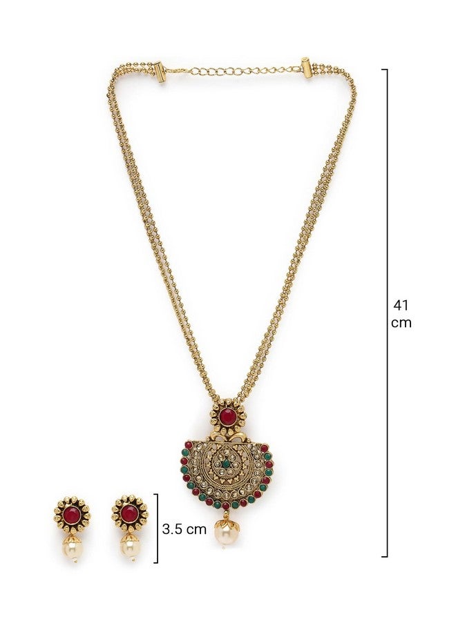 Sukkhi سلسلة قلادة طويلة متعددة الخيوط مع أقراط من الأحجار الخضراء والحمراء بتصميم هندي جميل | مجموعة مجوهرات للنساء (NS105689) - Image 4