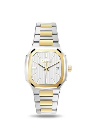 Silver and gold bracelet with white dial