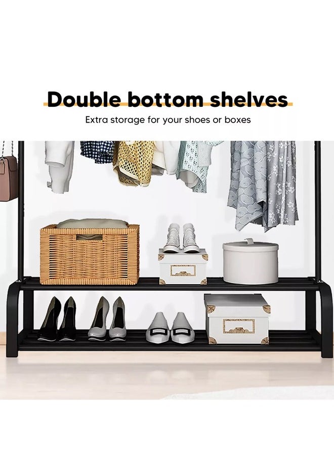 Single Row Of Simple Drying Hanger With Hooks, Two Layer Base, Can Hang Bags, Simple Installation And Space Saving, Black