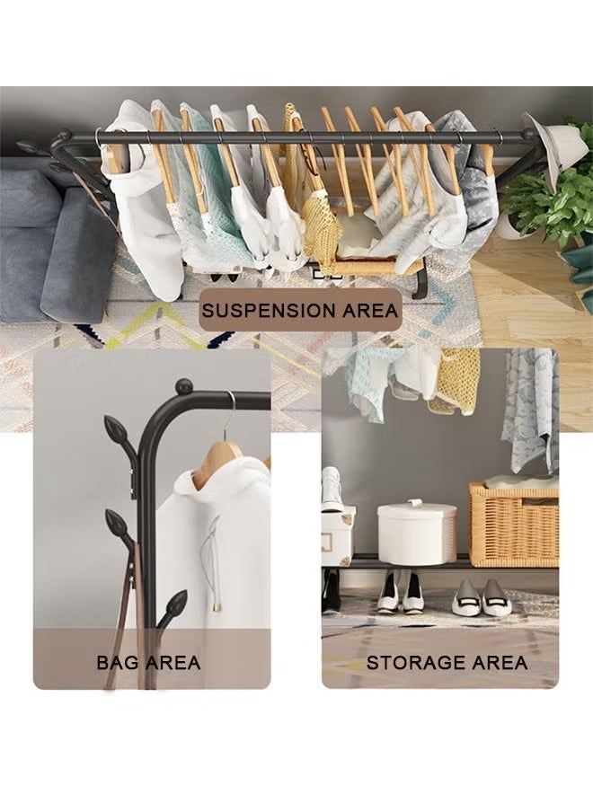 Single Row Of Simple Drying Hanger With Hooks, Two Layer Base, Can Hang Bags, Simple Installation And Space Saving, Black