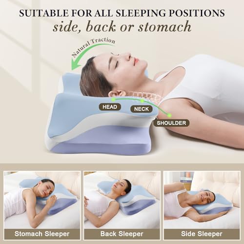Silkena Cervical Pillow for Neck Pain Relief - Cooling Ergonomic Memory Foam Pillows for Sleeping, Contour Neck Support Pillow for Side, Back, Stomach Sleepers with Anti-pilling Pillowcase Queen Size-Ice Blue - Image 3