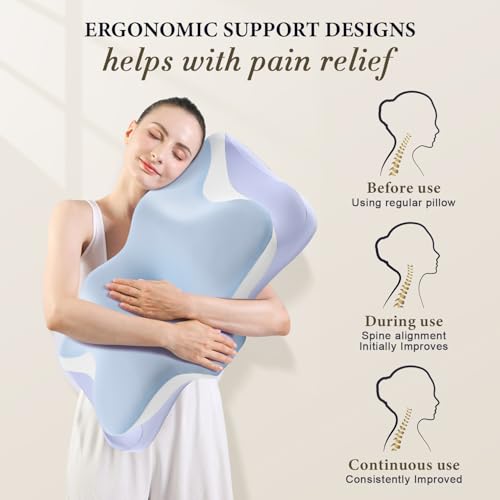 Silkena Cervical Pillow for Neck Pain Relief - Cooling Ergonomic Memory Foam Pillows for Sleeping, Contour Neck Support Pillow for Side, Back, Stomach Sleepers with Anti-pilling Pillowcase Queen Size-Ice Blue - Image 4