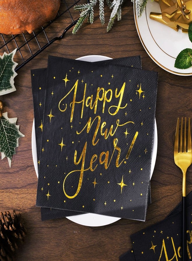 Whaline 80 Pack New Year Napkins 6.5 x 6.5 Inch Black Gold Foil Disposable Napkins Happy New Year Dinner Napkins Decorative Holiday Party Paper Napkins for New Year Christmas Party Supplies - Image 3