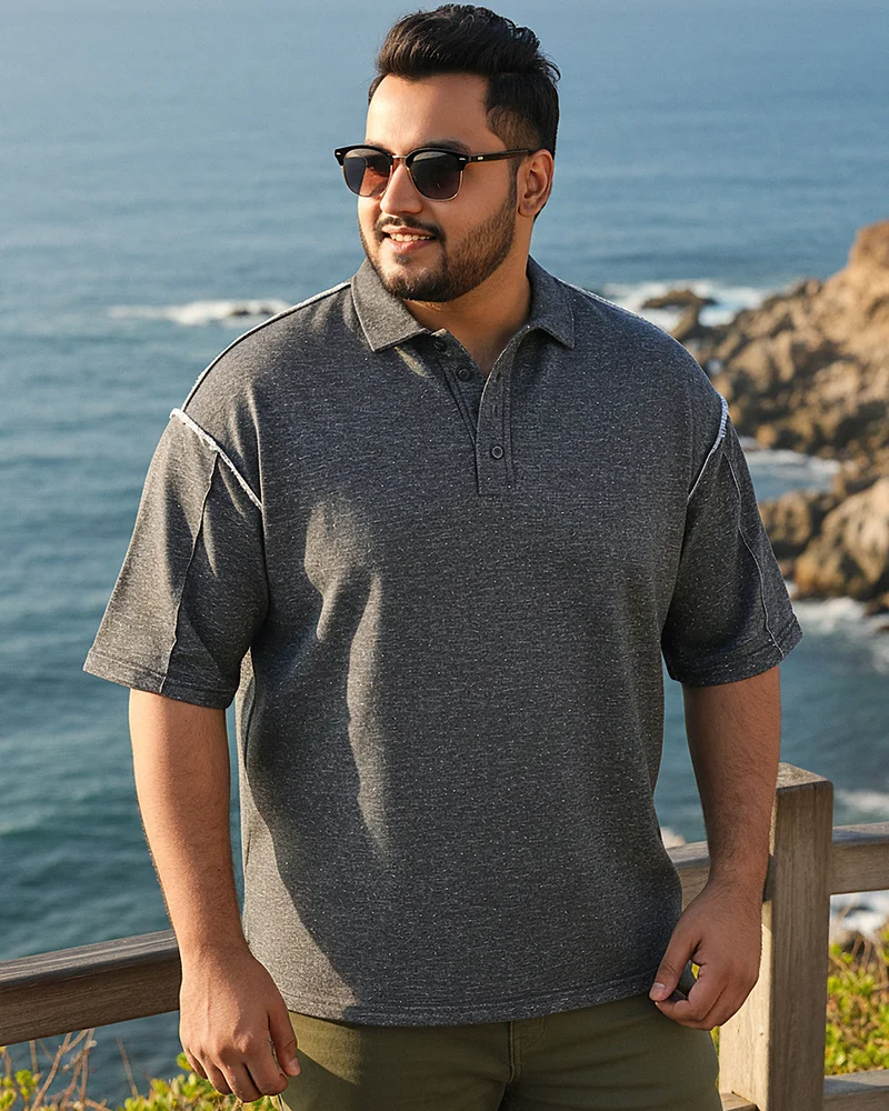 bewakoof Men's Grey Oversized Plus Size Polo T-shirt
