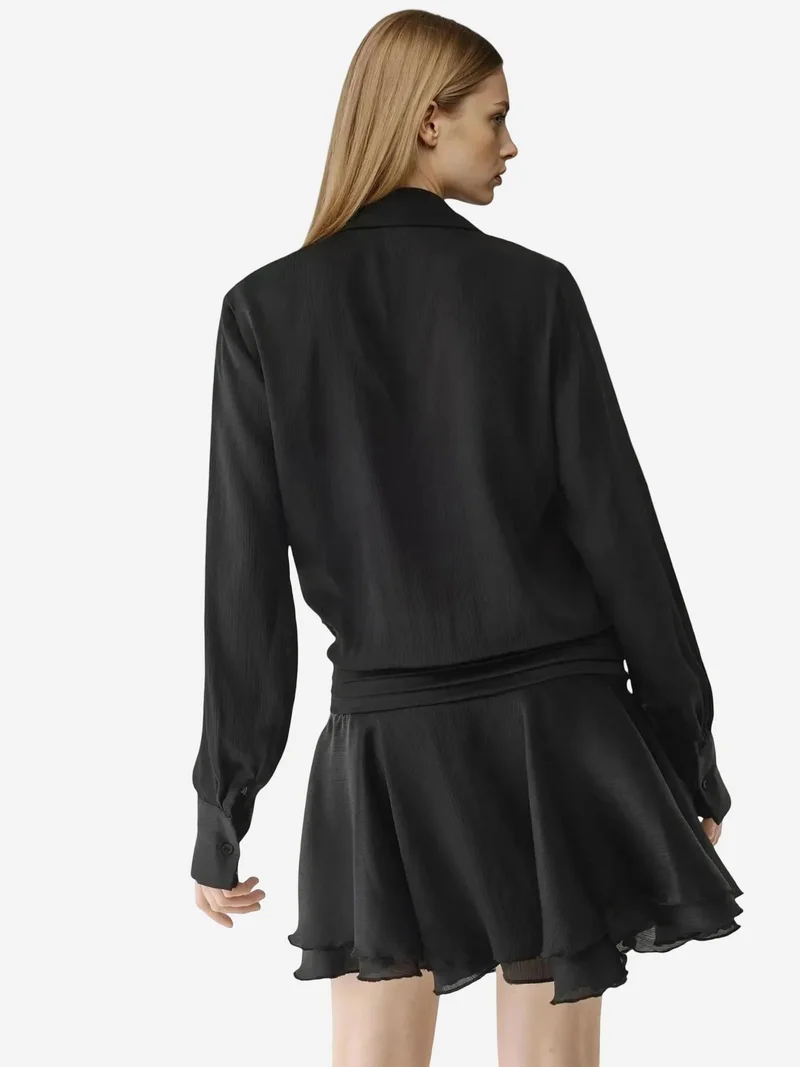 HICCUP Ruffle Drape Long Sleeve Mini Dress with Shirt Collar