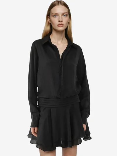 HICCUP Ruffle Drape Long Sleeve Mini Dress with Shirt Collar