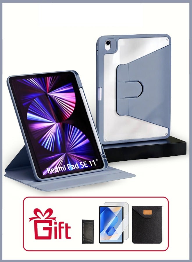 Case for Redmi Pad Se 11-Inch Tablet Cover With Pen Slot/Tablet 360° Rotating Protective Case/Auto Sleep/Wake Slim Stand/Transparent Tpu Protective Case/Free AED29 Anti-Glare Protective Film/Felt Tablet Pouch- Purple - Image 1