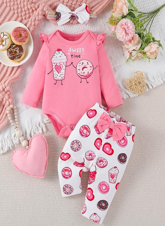 Fullfamous Baby Girl's 3pc Frill Long Sleeve Romper and Pant Set, Pink Cake/Donut, 0-3 Months - Image 2