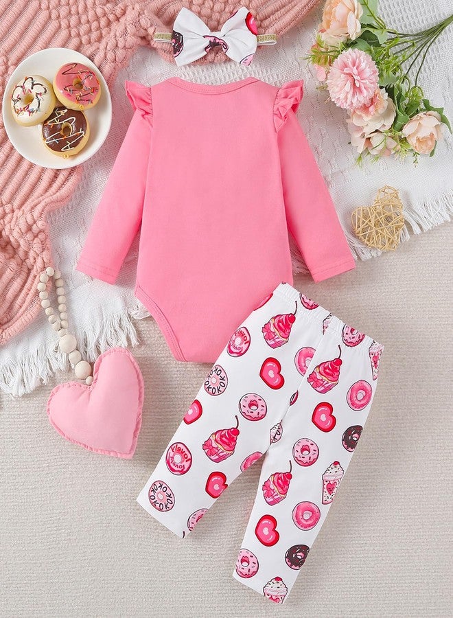 Fullfamous Baby Girl's 3pc Frill Long Sleeve Romper and Pant Set, Pink Cake/Donut, 0-3 Months - Image 3