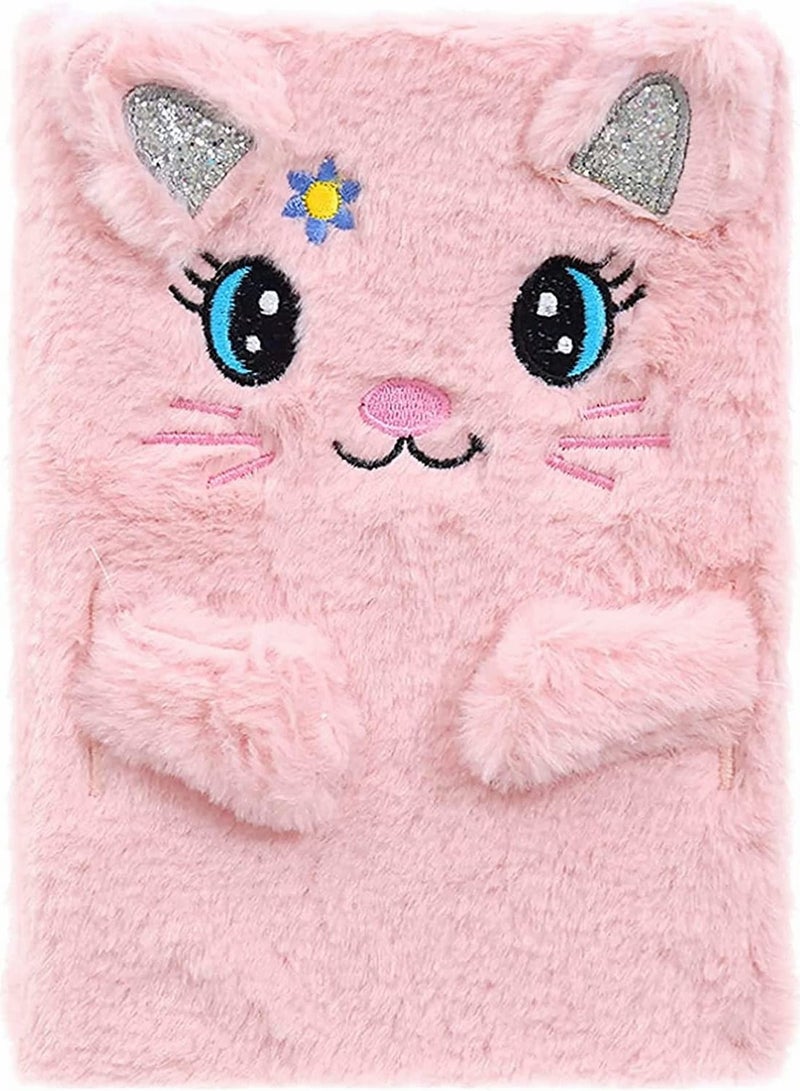 SYOSI Plush Cat Diary Notebook, Cute Fluffy Pink Cat Journal Set for Kids Girls Secret Diaries Writing and Drawing, Office Supplies,160 Pages - Image 1