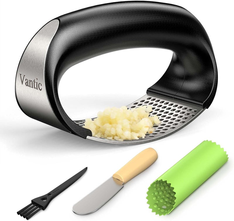 Vantic Garlic Press Rocker - Stainless Steel Garlic Crusher, Mincer and Chopper with Peeler & Scraper, Easy Kitchen Gadget for Effortless Smashing - Image 1