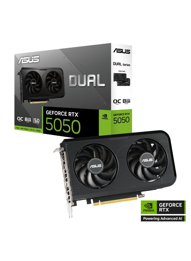 أسوس بطاقة الرسوميات ديوال جيفورس RTX 5050 O8G سعة 8 جيجابايت GDDR6 إصدار OC، 128-بت، 20 جيجابت في الثانية، 1x 8-دبوس طاقة، PCIe 4.0، مروحتان بتقنية المحور المزدوج، لوحة خلفية مهوّاة، ثنائي BIOS (أوضاع الأداء/الهدوء)، DLSS 4، تتبع الأشعة، HDMI 2.1 وDisplayPort 1.4a، تصميم مدمج بمساحتين، أسود | 90YV0N72-M0NA00 - Image 1