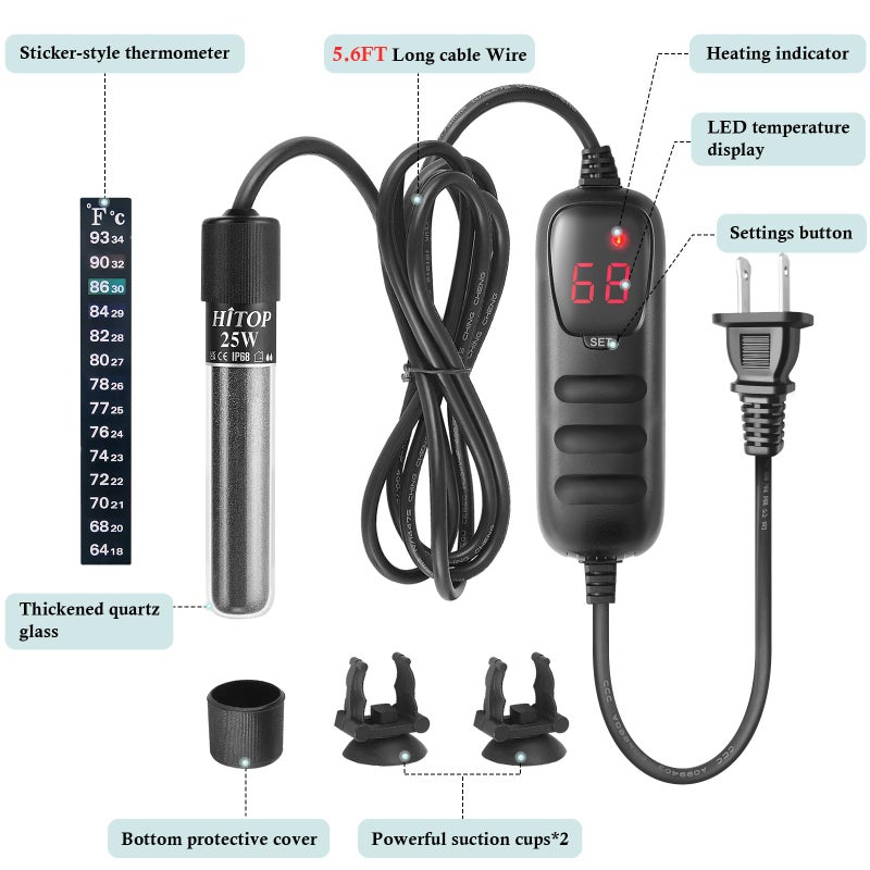 HITOP Mini Submersible Aquarium Heater - 50W Digital Heater for Fish Tank Turtle Tank 5-15 Gallon, Saltwater and Fresh Water with Temperature Controller (50W) - Image 2