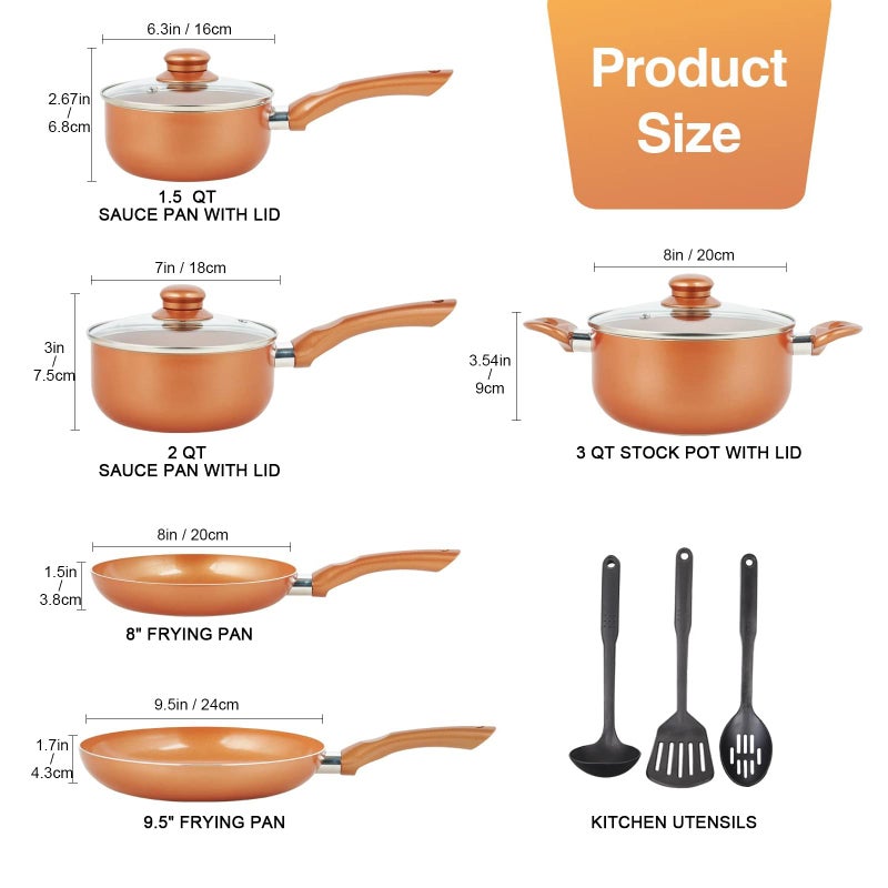 M MELENTA Pots and Pans Set Ultra Nonstick, Pre-Installed 11pcs Cookware Set Copper with Ceramic Coating, Stay cool handle & Nylon Kitchen Utensils, Gas/Induction Compatible, 100% PFOA Free - Image 2
