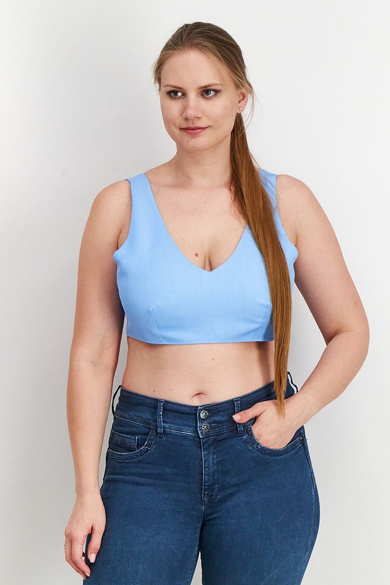 Asos Design Women V-Neck Sleeveless Shrunken Crop Top, Blue - Image 1