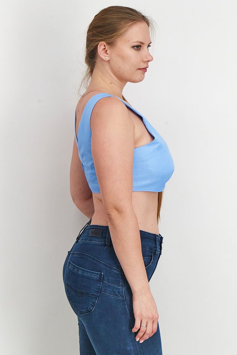 Asos Design Women V-Neck Sleeveless Shrunken Crop Top, Blue - Image 2