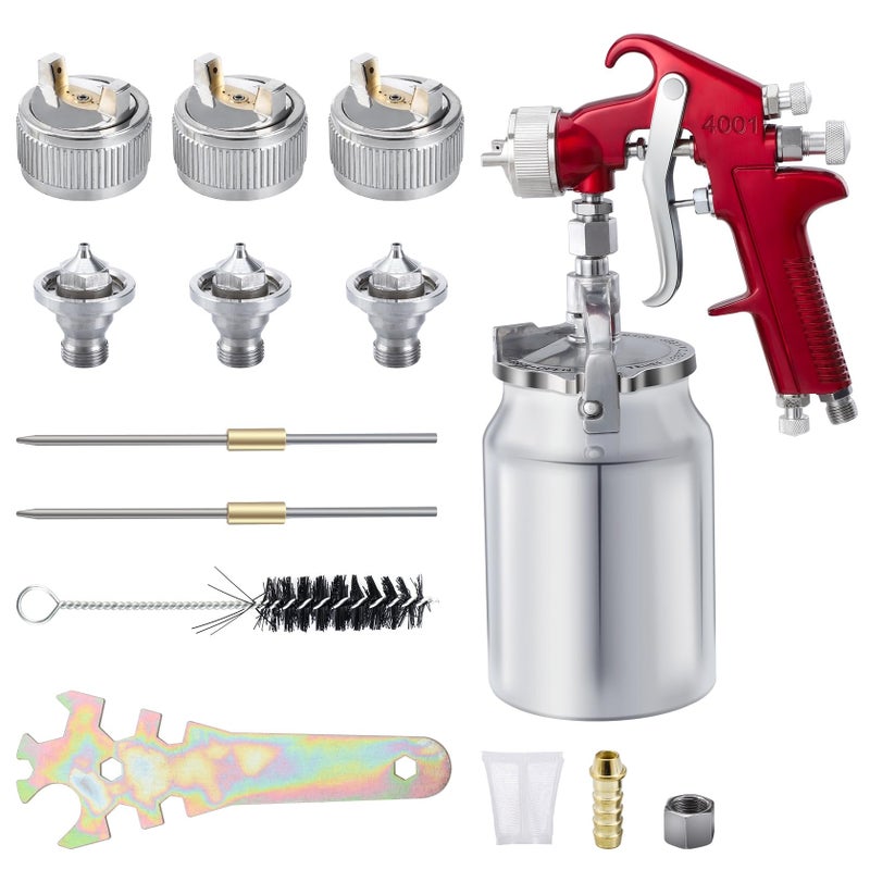 CarBole Suction Paint Sprayer Gun 1000cc Capacity Cup with 13mm 17mm 20mm Nozzles Professional Air Spray System for Car Furniture Fence Wall