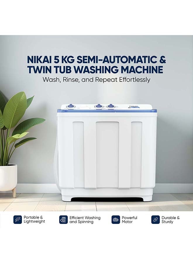 NIKAI Twin Tub Semi-Automatic Washing Machine , 4.5 kg Spin Capacity , Twin Tub Washing Machine Semi Automatic Silent Operation Rust Proof Body 5 kg 220 W NWM700SPN24/25 White - Image 2
