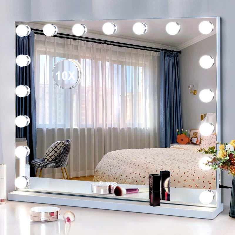 DASLAVA Vanity Mirror with Lights 17 Bulbs 25 x 21 Large Hollywood Vanity Mirror 10X Magnifying 3 Colors Modes Touch Control Mirror with Lights Tabletop or WallMounted USB Charging Port