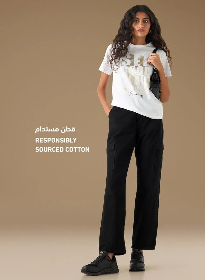 Splash FAV Slogan Print Crew Neck Cotton T-shirt with Short Sleeves