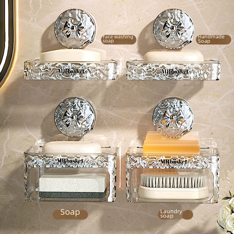 Suction Cup Soap Box Wall-mounted Non-perforated Household High-end Bathroom Wall Drain Storage Rack Double-layer Soap Box(Double suction cup [no sponge wipe silver bow]]) - Image 4