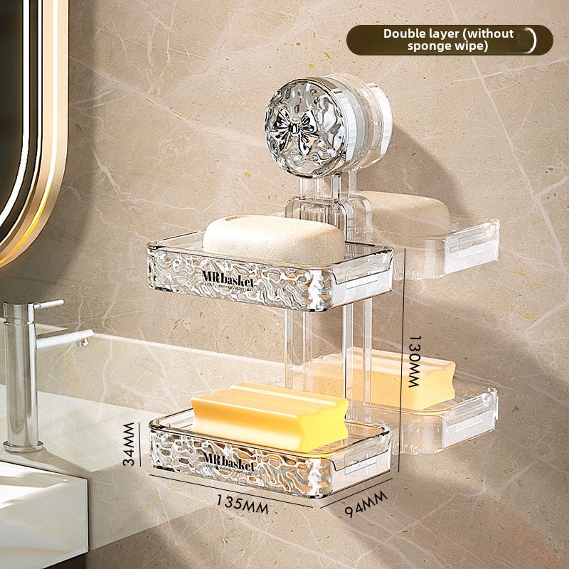 Suction Cup Soap Box Wall-mounted Non-perforated Household High-end Bathroom Wall Drain Storage Rack Double-layer Soap Box(Double suction cup [no sponge wipe silver bow]]) - Image 1