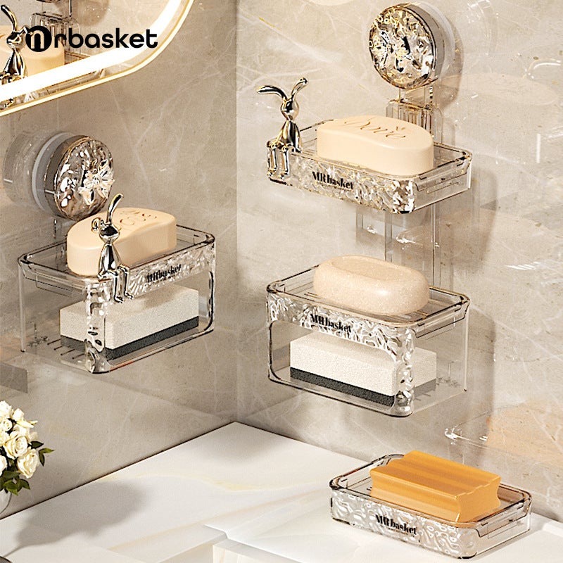 Suction Cup Soap Box Wall-mounted Non-perforated Household High-end Bathroom Wall Drain Storage Rack Double-layer Soap Box(Double suction cup [no sponge wipe silver bow]]) - Image 2