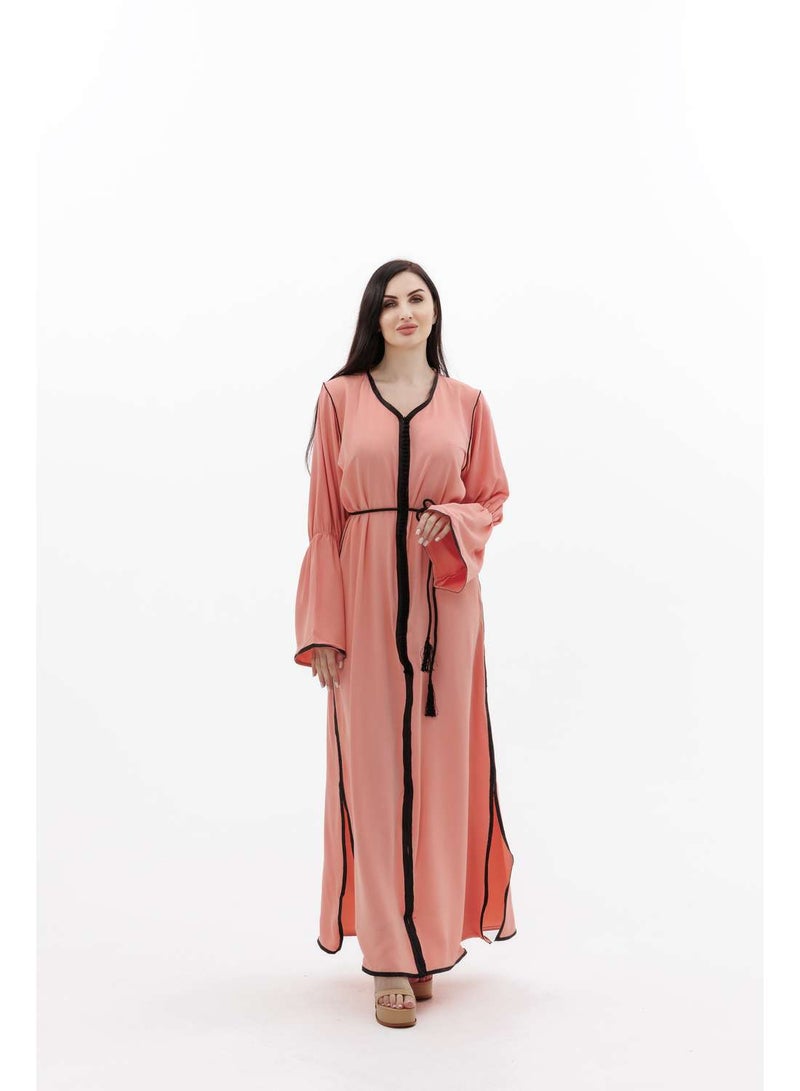 HANA & SARA LONG CLASSY SIMPLE SOLID PEACH COLOUR FRONT BUTTONED LACE ARABIC KAFTAN JALABIYA DRESS  - Image 1