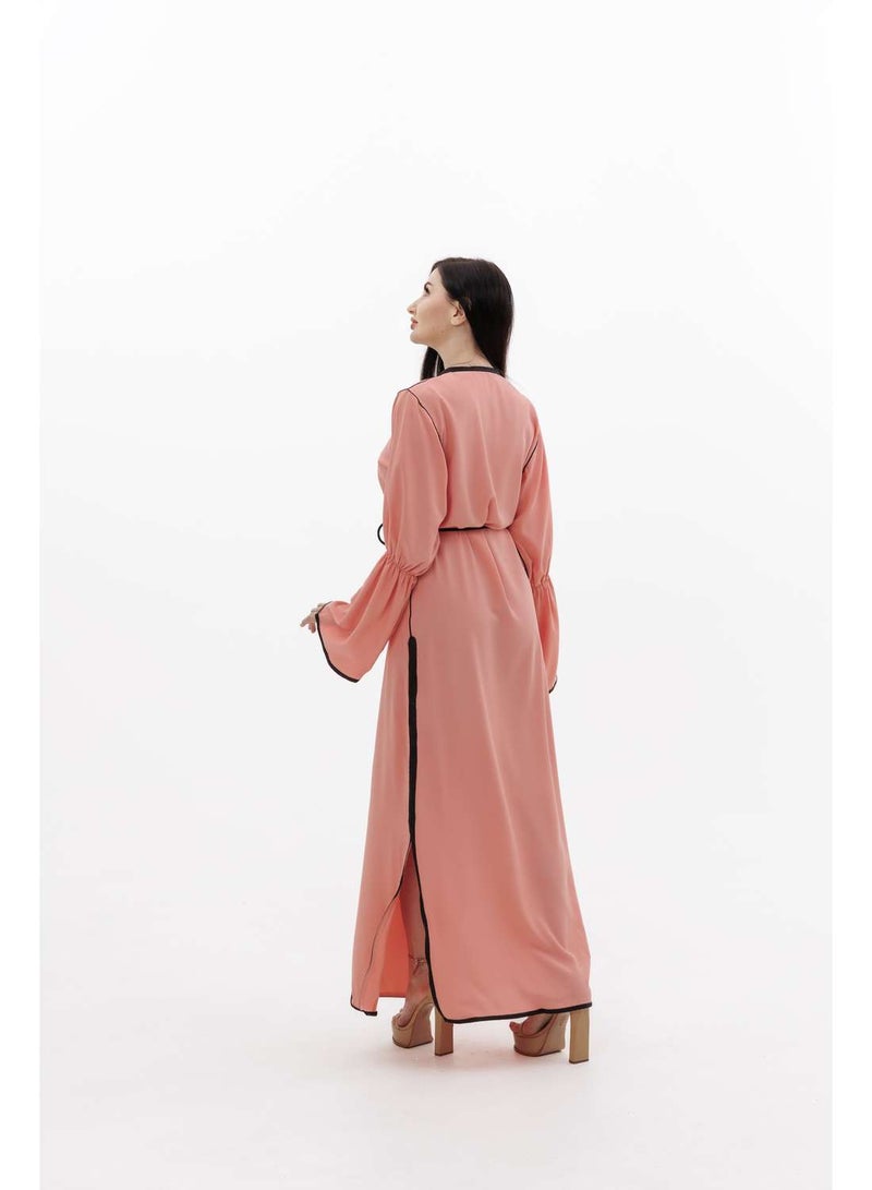 HANA & SARA LONG CLASSY SIMPLE SOLID PEACH COLOUR FRONT BUTTONED LACE ARABIC KAFTAN JALABIYA DRESS  - Image 2