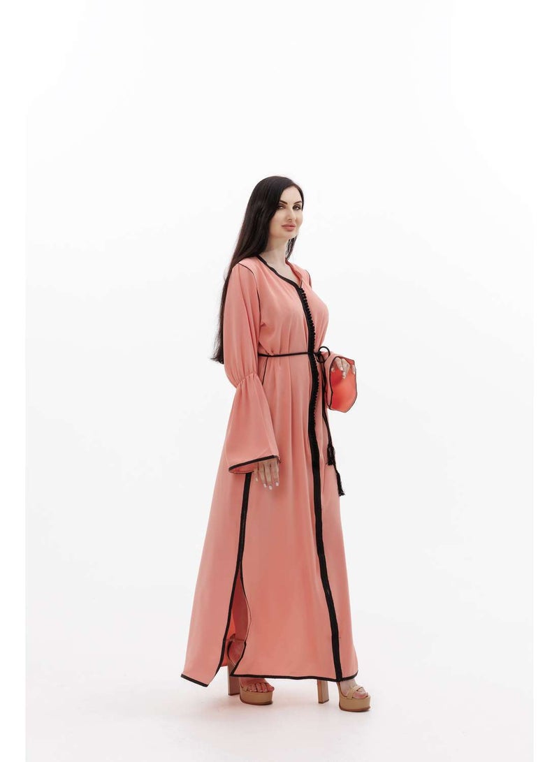 HANA & SARA LONG CLASSY SIMPLE SOLID PEACH COLOUR FRONT BUTTONED LACE ARABIC KAFTAN JALABIYA DRESS  - Image 4
