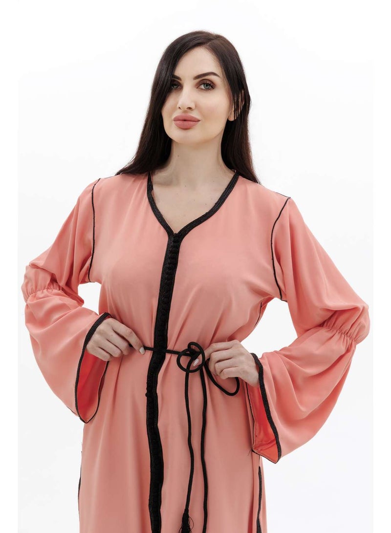 HANA & SARA LONG CLASSY SIMPLE SOLID PEACH COLOUR FRONT BUTTONED LACE ARABIC KAFTAN JALABIYA DRESS  - Image 3