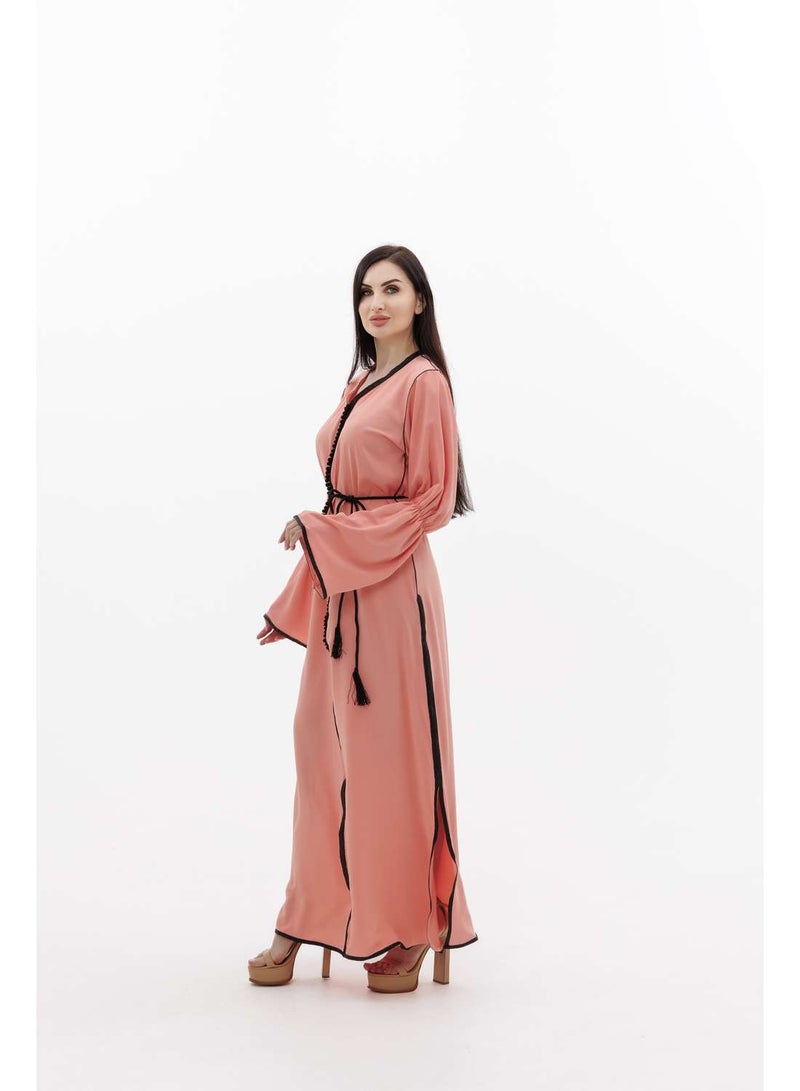 HANA & SARA LONG CLASSY SIMPLE SOLID PEACH COLOUR FRONT BUTTONED LACE ARABIC KAFTAN JALABIYA DRESS  - Image 5