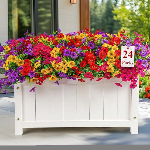 Alupssuc 24 Bundles Artificial Flowers for Outdoors Decoration UV Resistant Silk Violet Faux Colorful Violet Eucalyptus Spring Fake Plants for Outside Indoor Yard Home Patio Porch Decor Mix 4 Colors