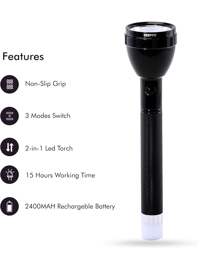GEEPAS GFL4687 Rechargeable LED Flashlight 2400 mAh Battery 7 Hours Working Long Range Pocket Friendly Flashlight 2 Years warranty  - Image 2